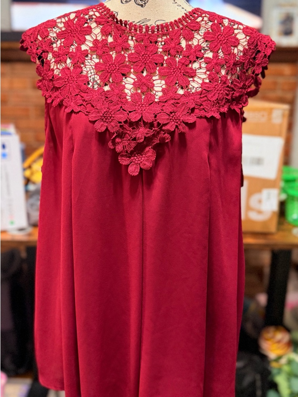 SHEIN Red Lace Crochet Yoke Top
